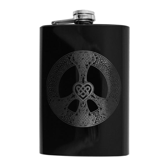 8oz BLACK Celtic Love and Peace Flask L1