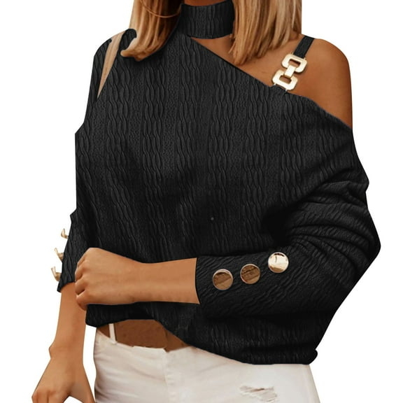 Women's Fashion Sexy Chain Button Ornament Off The Shoulder Hanging Neck Long Sleeved T Shirt