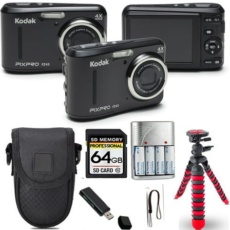Kodak PIXPRO FZ43 Digital Camera (Black)  Spider Tripod   Case - 64GB Kit (International Version)