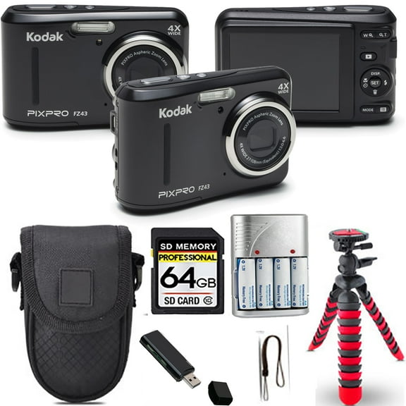 Kodak PIXPRO FZ43 Digital Camera (Black)  Spider Tripod   Case - 64GB Kit (International Version)