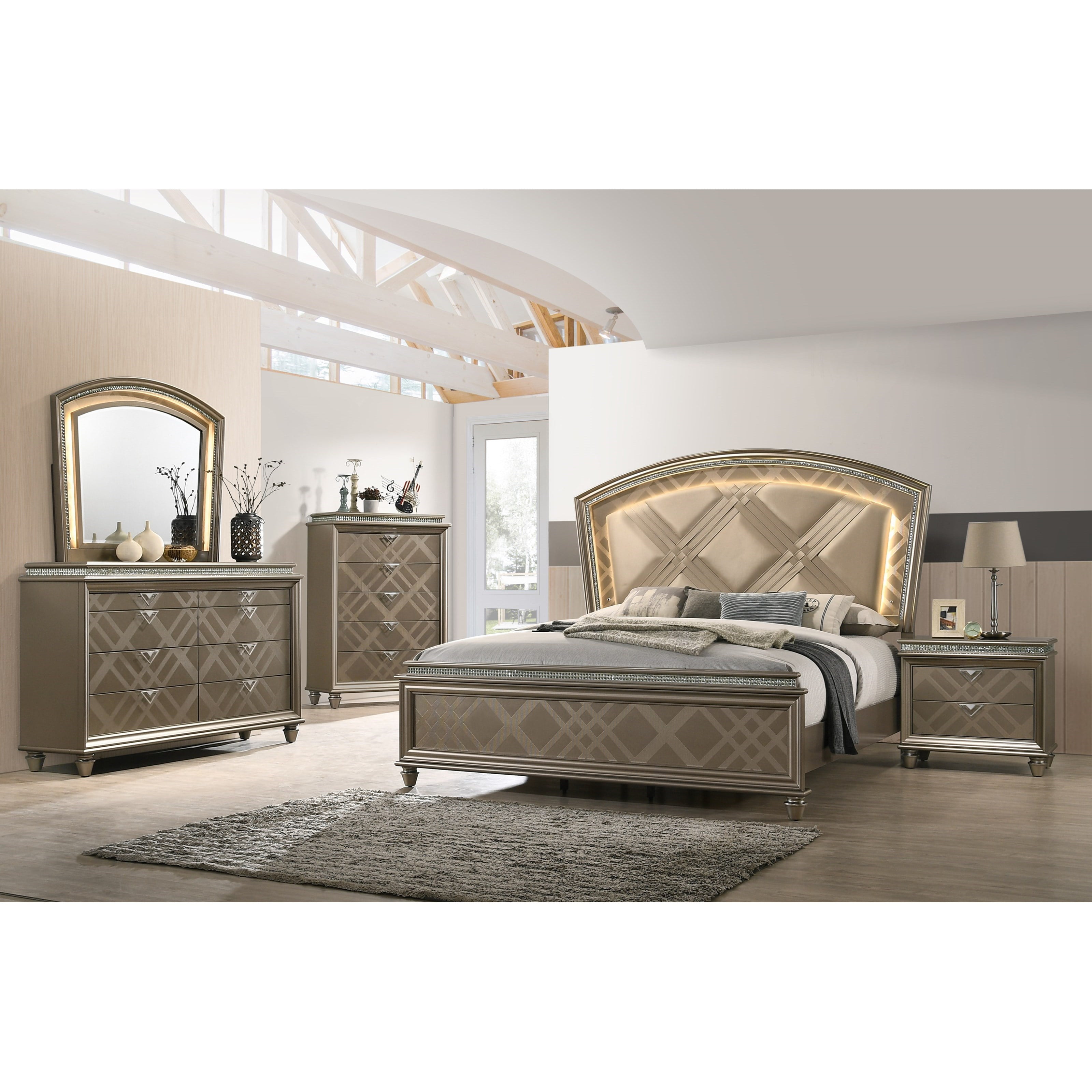 Contemporary 4pc Queen Size Bedroom Set, Mirrored Queen Size Bedroom Sets