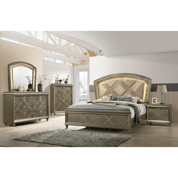 Contemporary 4pc Queen Size Bedroom Set, Queen Bed Headboard Dresser