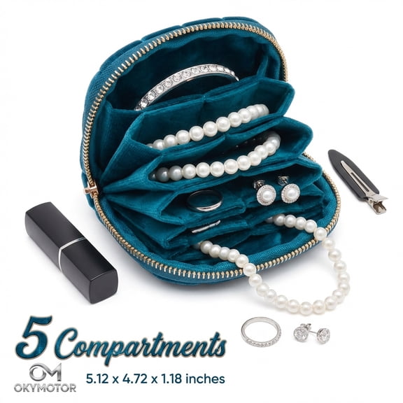 OKYMOTOR Velvet Jewelry Travel Case with 5 Independent Compartments, Compact Portable Storage Organizer