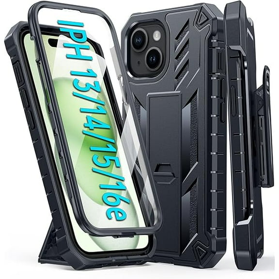 for iPhone 15 Phone Case: for iPhone 14 & 13 & 16e Case Military Shockproof Protective Rugged Cell Phone Cover with Kickstand & Belt-Clip Holster, Heavy Duty Hard Cases 5G - 6.1 Inch Black