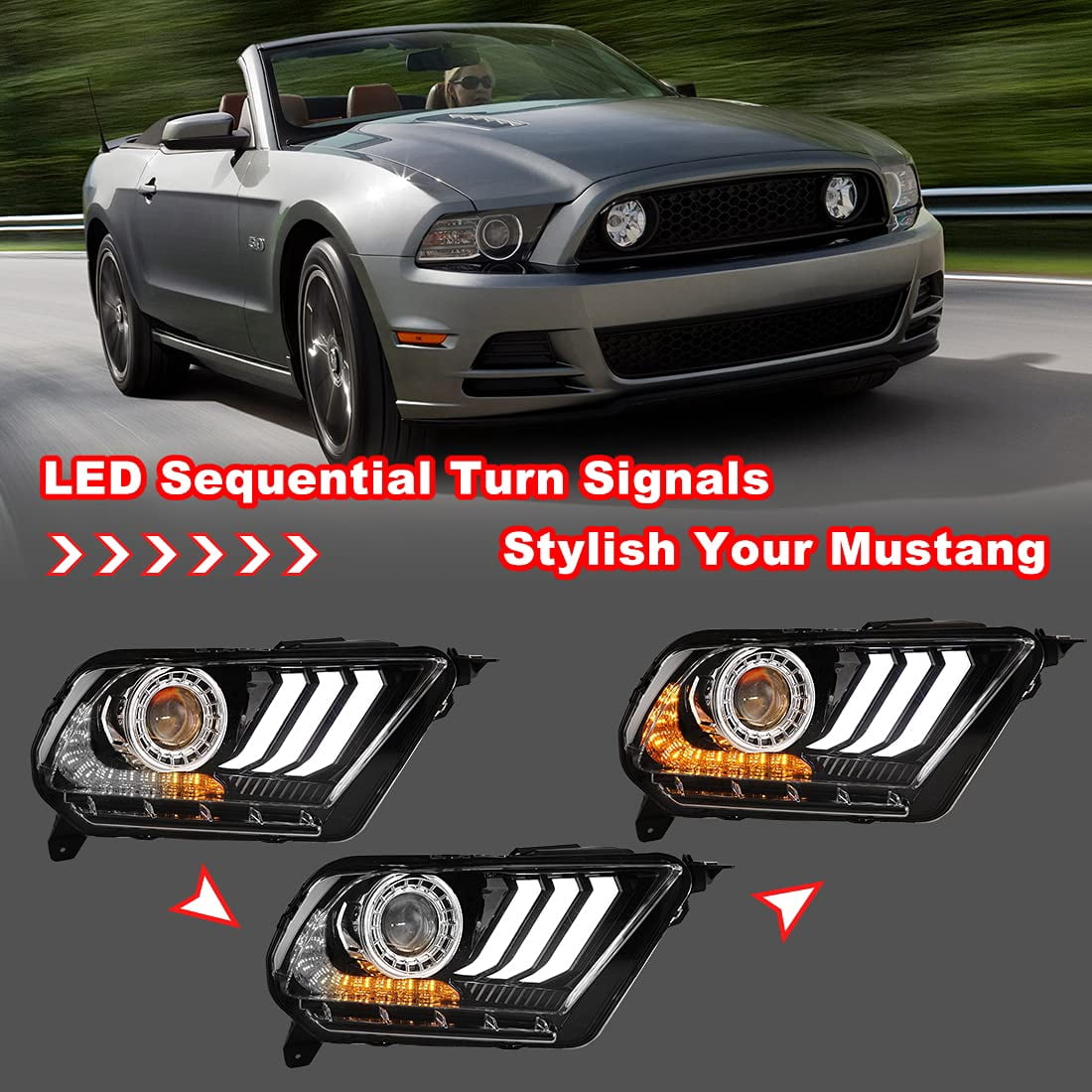 CPW LED Projector Headlights for 2010 2011 2012 Ford Mustang, Sequential Turn Signal Lights Head Lights Assembly Replacement Set(S550 Style LED DRL)