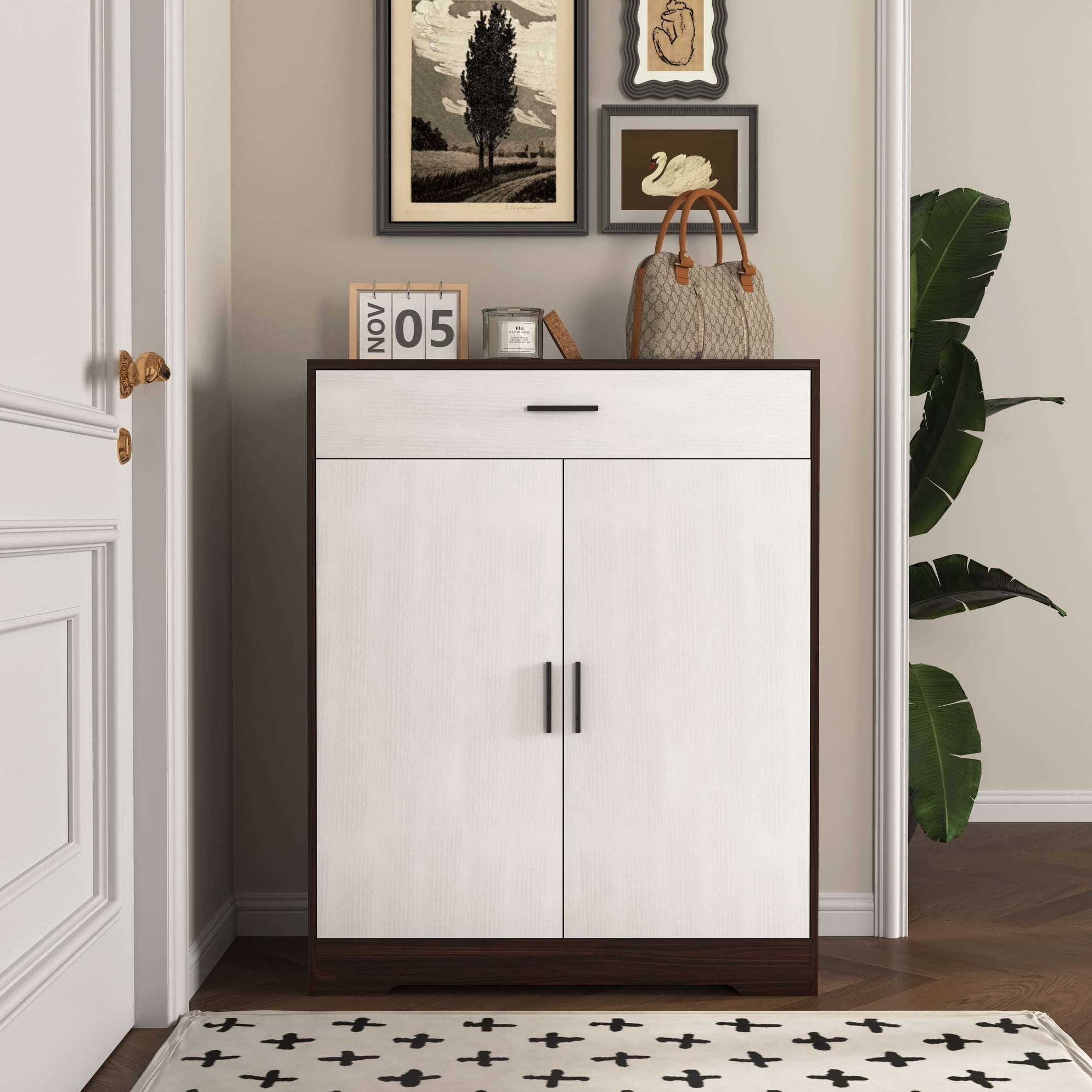 Noble House 4-Tier Shoe Storage Cabinet with Drawer, Adjustable Shelves, Walnut and White