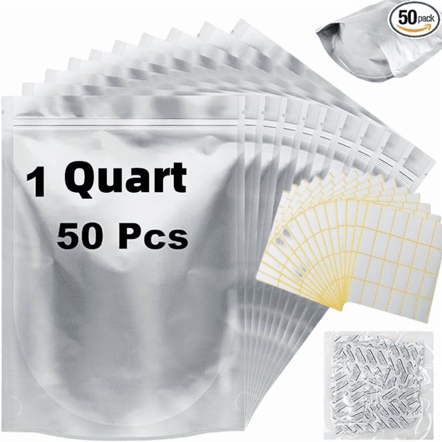 50 Bolsas de Mylar de 1 Cuarto de Galón para Almacenamiento de Alimentos con Absorbentes de Oxígeno, Bolsas con Cierre Vertical con Absorbentes de Oxígeno de 400 Cc y Etiquetas, Bolsas Termosellables para Almacenamiento de Alimentos a Largo Plazo