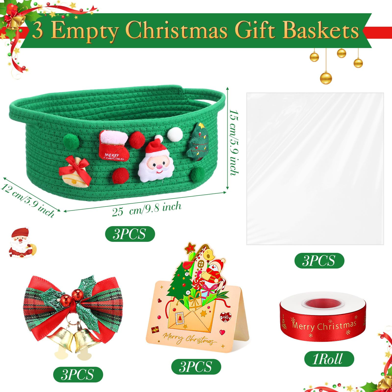 3 Set Christmas Basket Gift Set,Small Storage Basket for Gifts, Gift Baskets Empty, Baby Basket for Toys, Towels, Decorative Woven Rope Baskets for Christmas Holiday Decorations(Red,Classic)