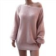 thumbnail image 2 of Vestido Tipo Jersey de Larga con Hombros Descubiertos y Farol para Mujer, de Otoño, Holgado, de Punto Acanalado, Liso Rosa M, 2 of 10