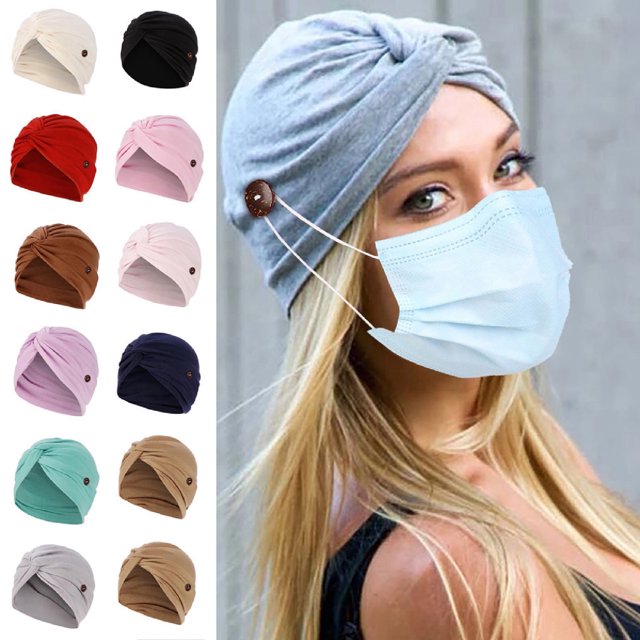 Fashion Solid Color Women Casual Cross Knot Soft Button Beanie Skull Cap Muslim Turban