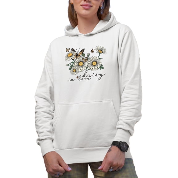Daisy in Love Pun Quote with Daisies & Butterflies Art Merch Gift, White Hooded Sweatshirt or Hoodie, Small