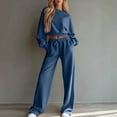 thumbnail image 3 of Sweatsuits Women 2 Piece Outfit 2026 Solid Drawstring Wide Leg Sweatpants Crew Neck Long Sleeve Cropped Tracksuit Dark Blue XL, 3 of 7