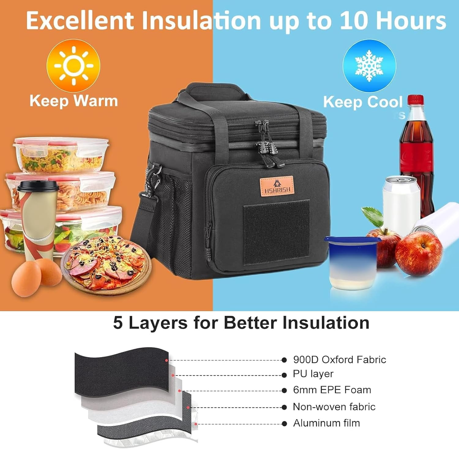HSHRISH Expandable Large Tactical Lunch Box for Adults, Durable Insulated Lunch Bag with Shoulder Strap, Soft Cooler Bag for Men Work Outdoor Picnic Trips, 20 Can/16 L, Black