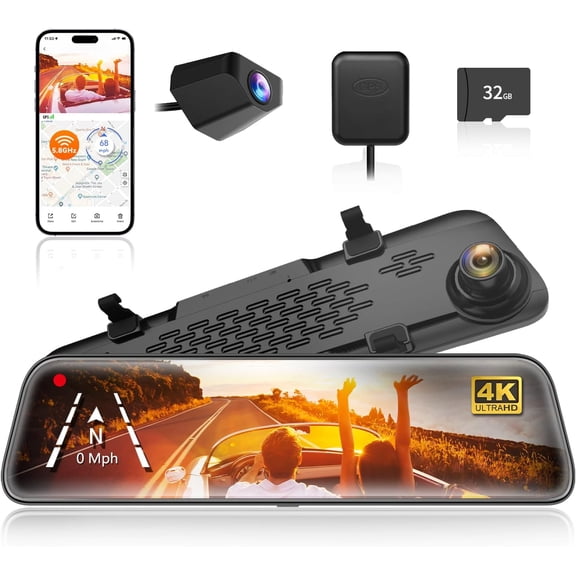 KEAWIS  12" 4K Mirror Dash Cam Backup Camera, 5.8GHz WiFi Smart Rearview Mirror for Cars & Trucks, Front and Rear View Dual Cameras, Night Vision, Parking Assistance, Included 32GB Card & GPS