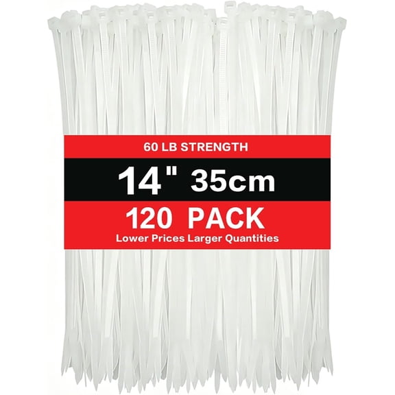 Zip Ties 14 inch (120 Pack), 60lbs Tensile Strength, white  Ties clear, wire Ties for indoor and outdoor use (14inch/120pcs)