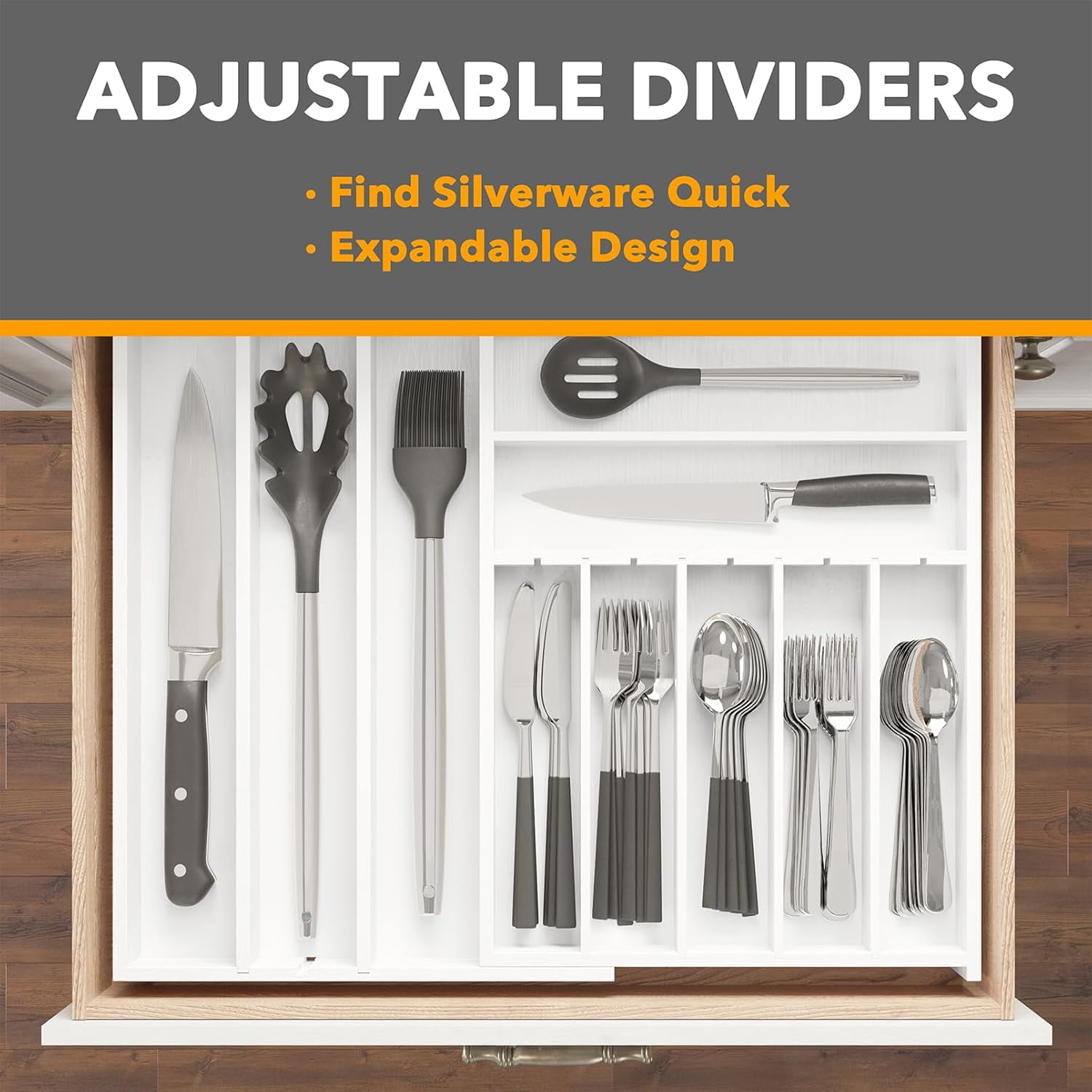 2.5" High Bamboo Silverware Drawer Organizer with Labels, Kitchen Utensil Expandable Tray Holder for Flatware, Cutlery, Spoon and Knives Drawer Storage Organization (White)