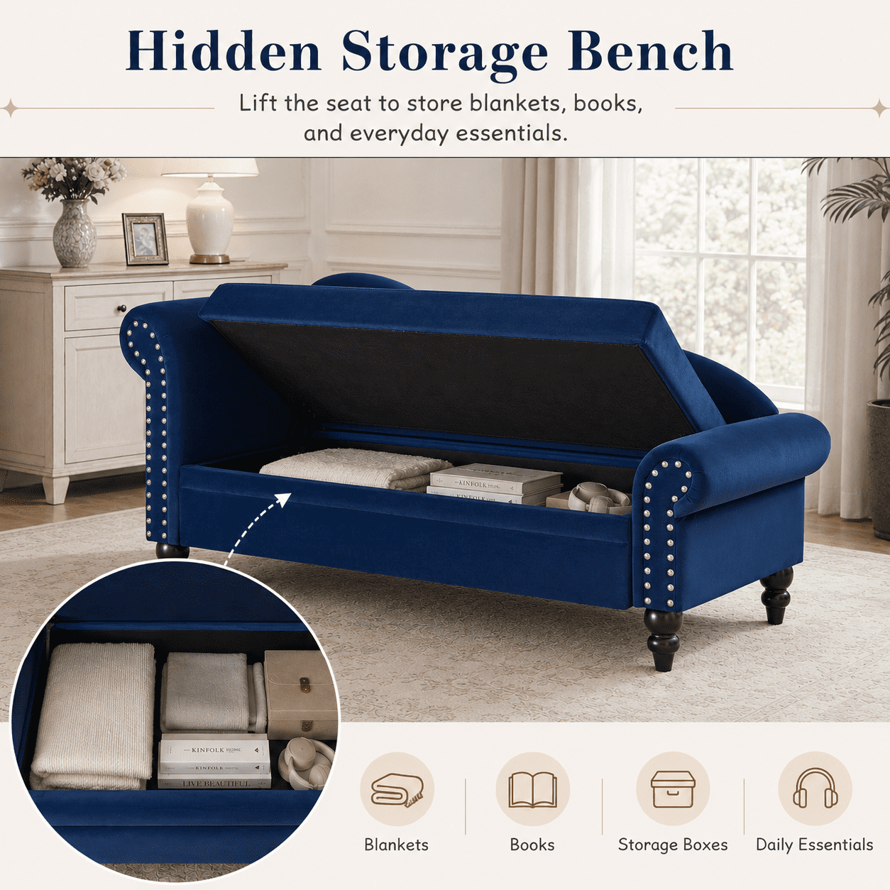 Aukfa 64.5" Modern Velvet Chaise Lounge with Storage, Left Armrest Lounge Sofa with Silver Nailhead Trim & Lumbar Pillow,Navy Blue