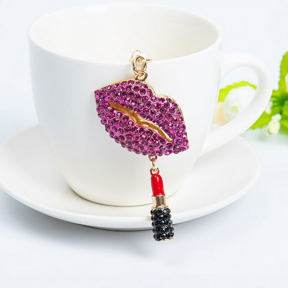 Romantic Sexy Charming Lipstick Lips Shaped Crystal Rhinestone Keychain Key Chain Key Ring Charm Phone Purse Car Bag Pendant Decoration Ornament (Purple)