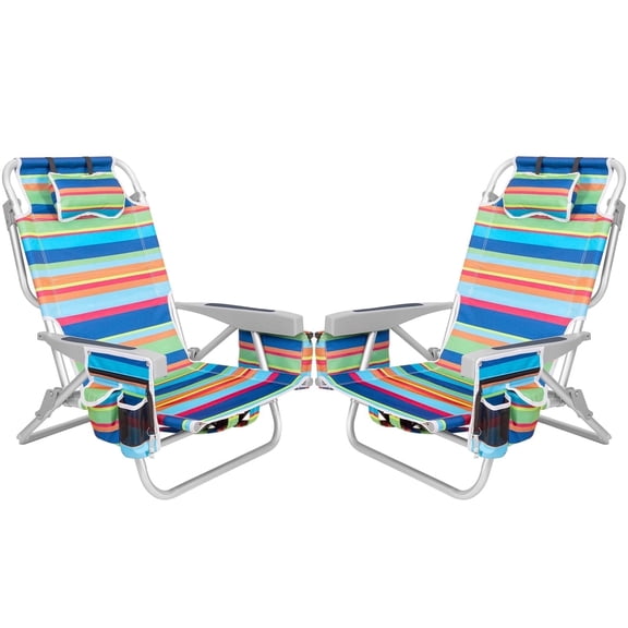 SUNSPIRE Aluminum 5-Position Beach Chair Lay Flat for Adult, Backpack Folding Chair with Cooler Bag Cup Phone Holder, Towel Bar Outdoor 2 pack