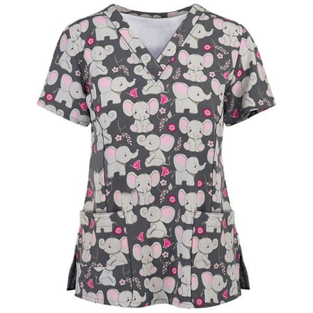 

Cakiesky Scrub Tops for Women Moisture-Wicking V-Neck Printed Nurses Tops Gray L