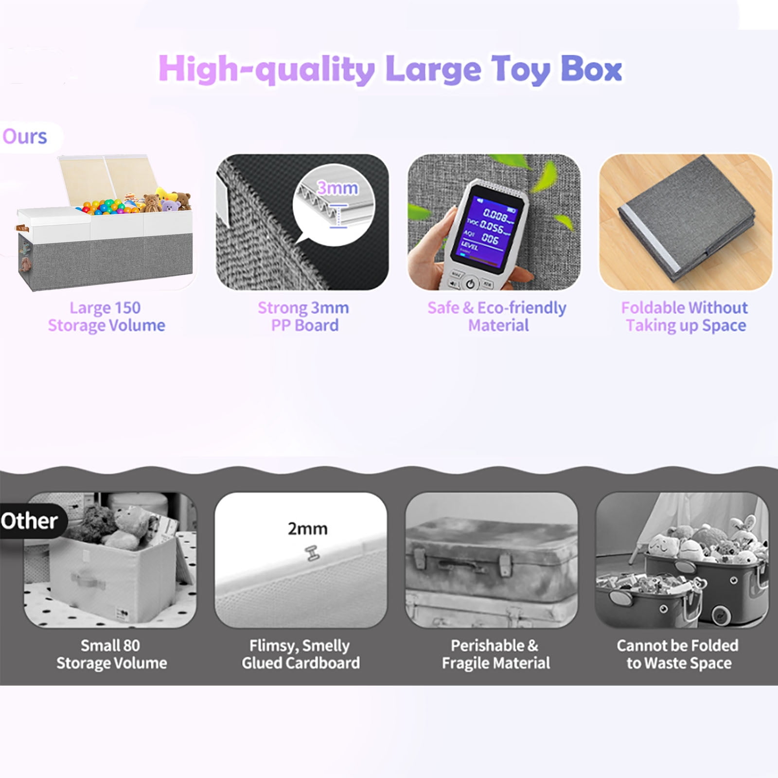 Extra Large Toy Box, Collapsible Sturdy Kids Toy Chest Storage Box with 3 Side bags and Removable Lids, 40"X14"X16"，large toy box for Nursery Room, Playroom,Closet,Home Organization,School