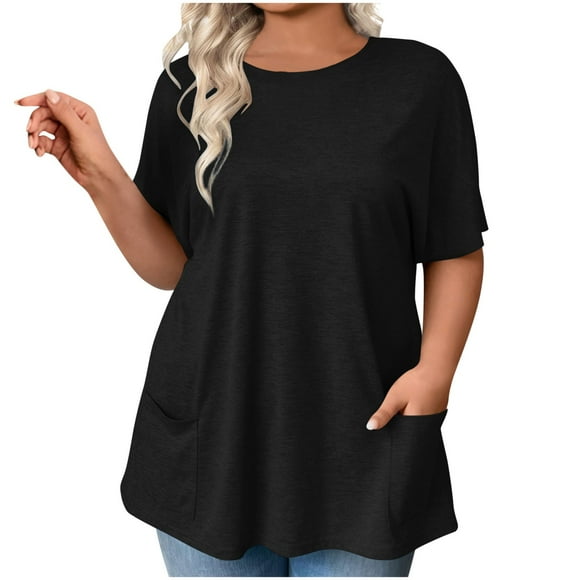 Staron Summer Chemises pour Femmes en Liquidation à Moins de 5 $ Col Rond Décontractées Tendance Blouses Grande Taille T-Shirts Basiques avec Poches Tuniques Habillées Hauts T-Shirts Amples Été Manches Courtes Chemises