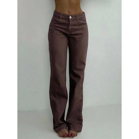 Womens Coffee Brown High Waist Straight Leg Jeans Button Casual Denim Pants