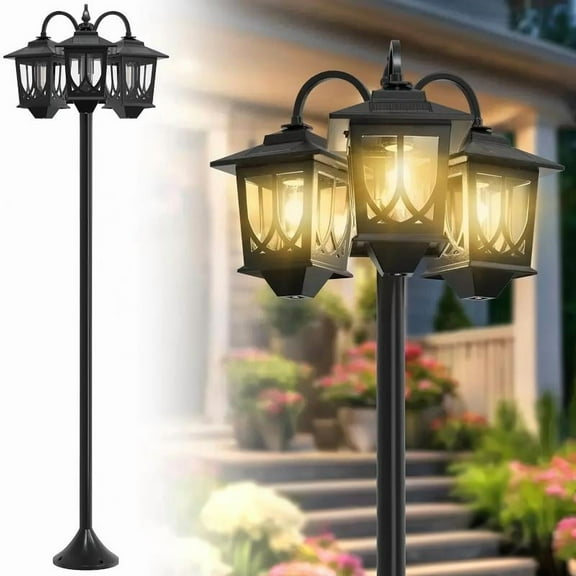 Outdoor Solar Lamp Post Lights, Solar Floor Lamps Outdoor Lights, 3-Head Waterproof Solar Powerd Lights for Garden, Lawn, Pathway, Yard, Front/ Back Door, 60 Lumens,  Decoration