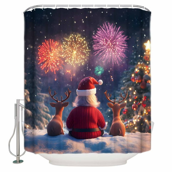 72x78 Inch Shower Curtain Christmas Bathroom Decor Waterproof Fabric Bathtub Bath Curtains Decorative Santa Deer Fireworks Snowflake Xmas Extra Long Shower Curtain Set with Hooks