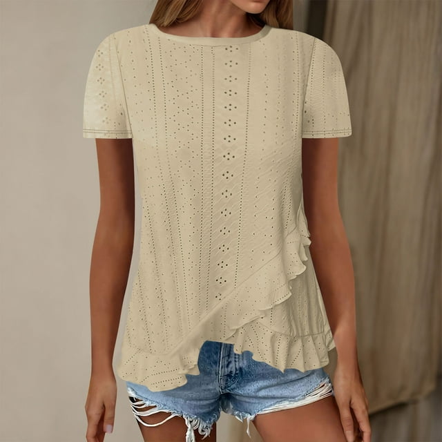 Frostluinai Summer T Shirts for Women Short Sleeve Eyelet Embroidery Shirts Crew Neck Solid Color Tops Flowy Ruffle Irregular Hem Tshirts