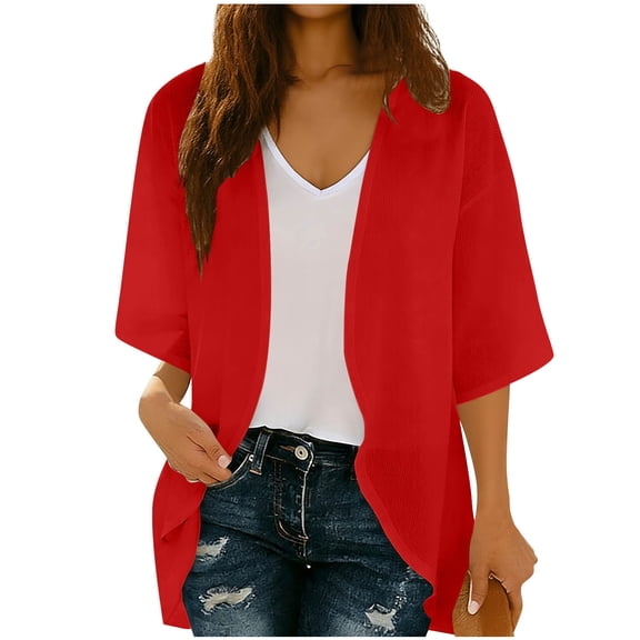 Daiosportswear Women'S Chiffon Kimono Loose Casual Open Front Cover Ups,Cover-Up for Women Red L(L)