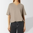 thumbnail image 2 of MIXUE Womens Summer Tops Summer Solid Color V Neck Short Sleeve Fashion Loose Casual Tshirts Outwear,Brown,L, 2 of 4