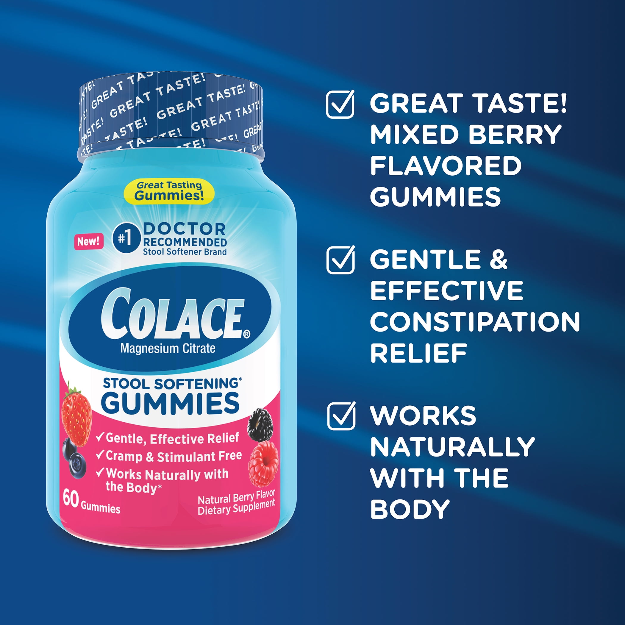 Colace Stool Softener Gummies, Gentle Constipation Relief, Mixed Berry Flavor, 60 Count