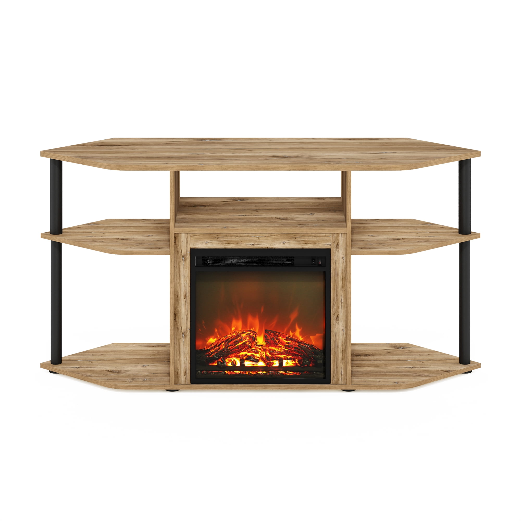 Furinno Jensen Open Storage Corner Fireplace TV Entertainment Center with Plastic Poles for TV up to 55 Inch, Flagstaff Oak/Black