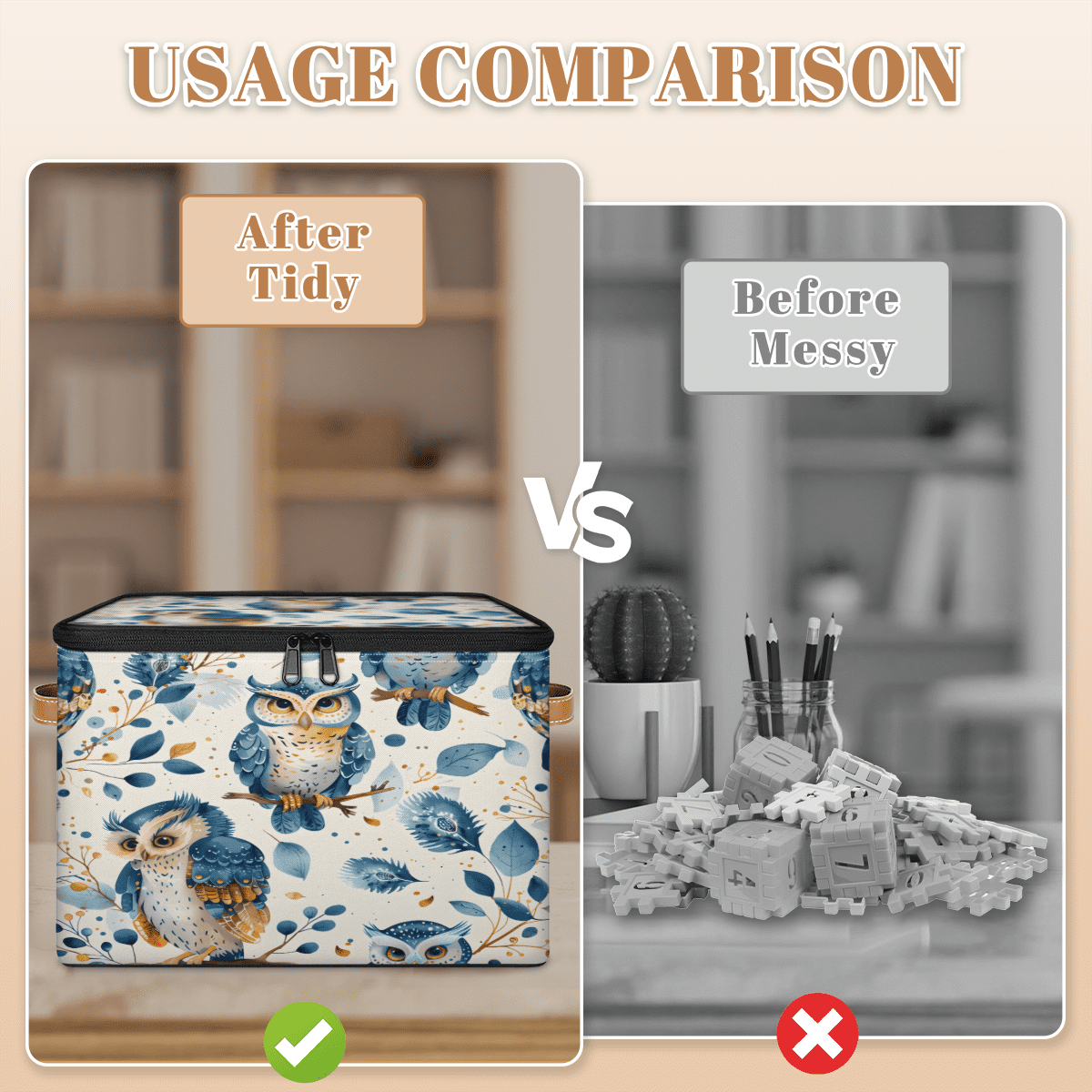 ADECORIVY Cute Owl Storage Bin with Lid Fabric Leaves Blue Foldable Storage Baskets Boxes for Clothes Shelves Closet Organizer Containers with Leather Handles for Wardrobe