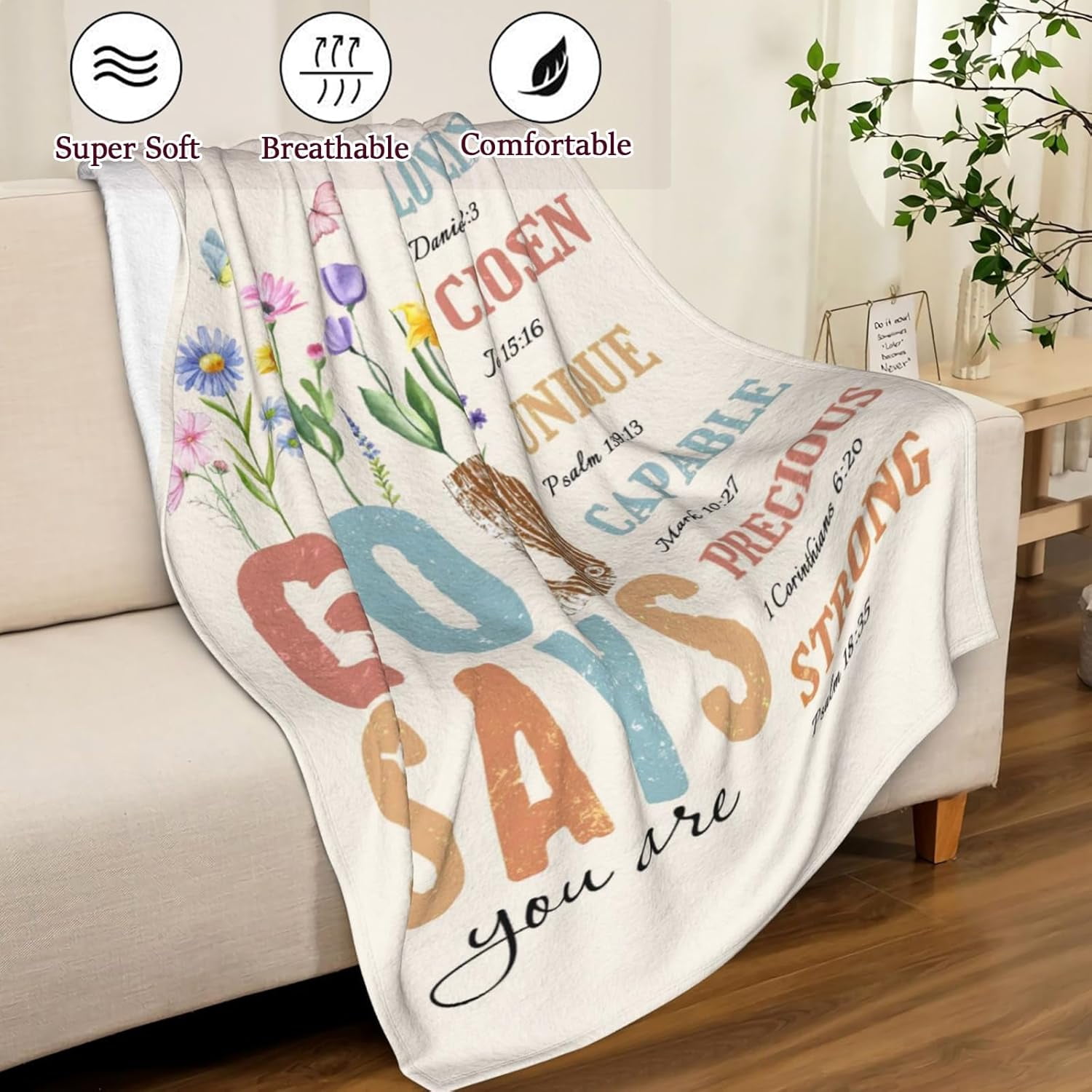 Christian Blanket Birthday Gifts for Women Men, Inspirational Scripture Throw Blanket with Bible Verse Religious Gifts (Apricot, 40x50 inch, Letter Flower)