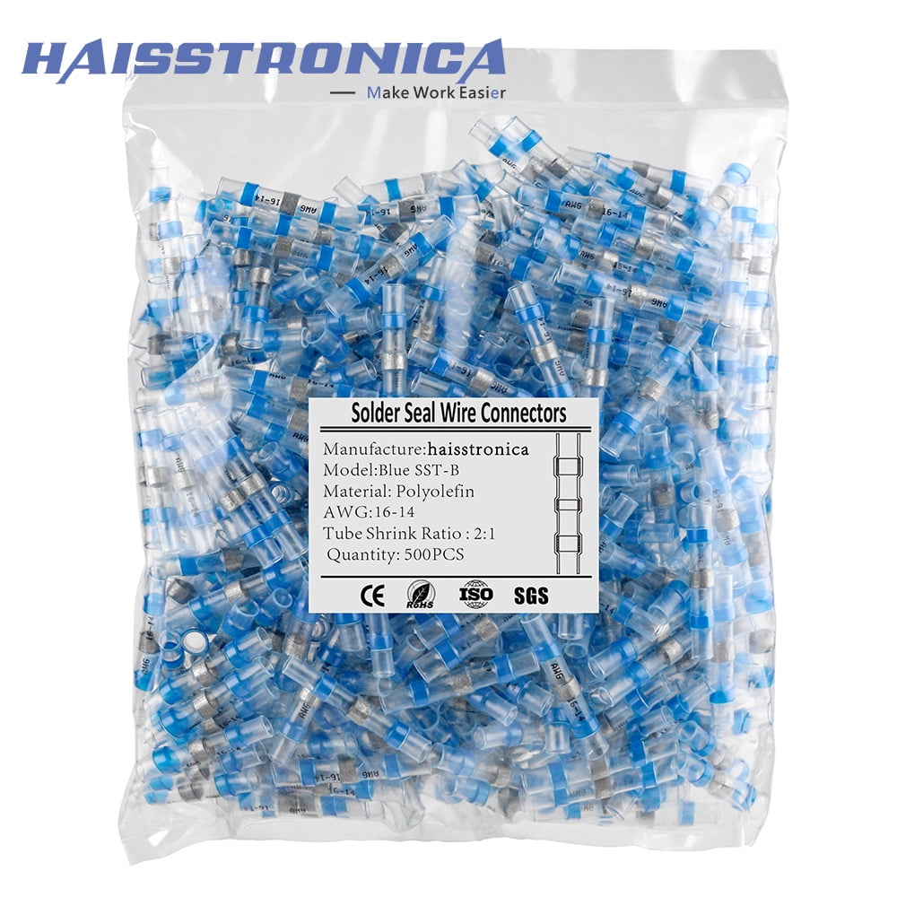 haisstronica 500PCS Solder Seal Wire Connectors,Marine Grade Heat Shrink  Wire Connectors,Heat Shrink Butt Connectors