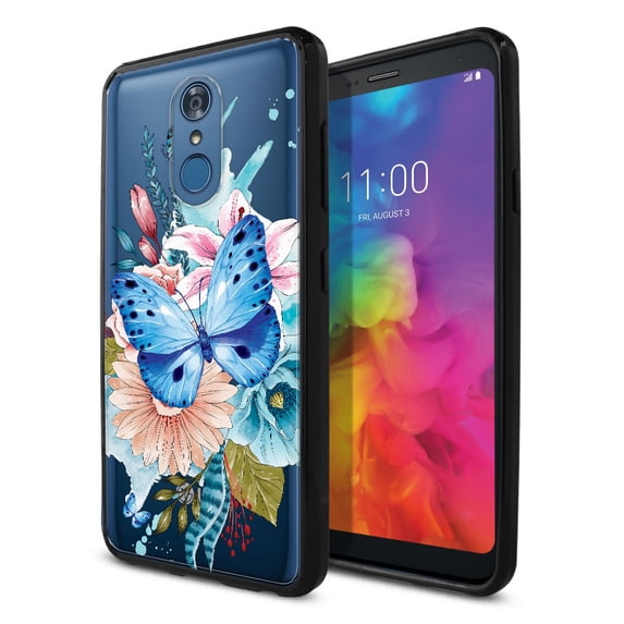 FINCIBO Slim TPU Bumper + Clear Hard Back Cover for LG Q7/Q7+/Q7 Alpha, Watercolor Blue Butterfly Flower