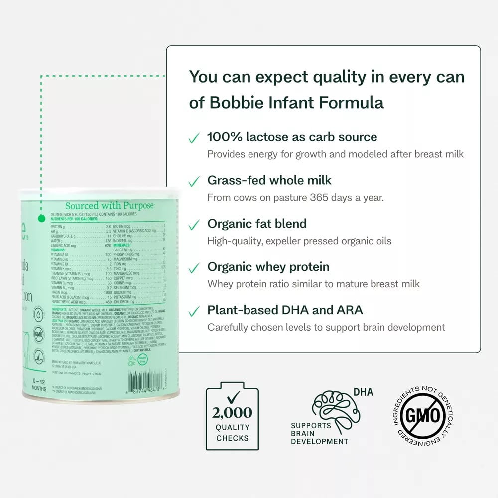 (4 pack) Bobbie Whole Milk Infant Formula for Everyday Feeding, Milk-Based Powder with 1.2mg Iron, Organic Grass-Fed Whole Milk Recipe, 14.1 oz Can