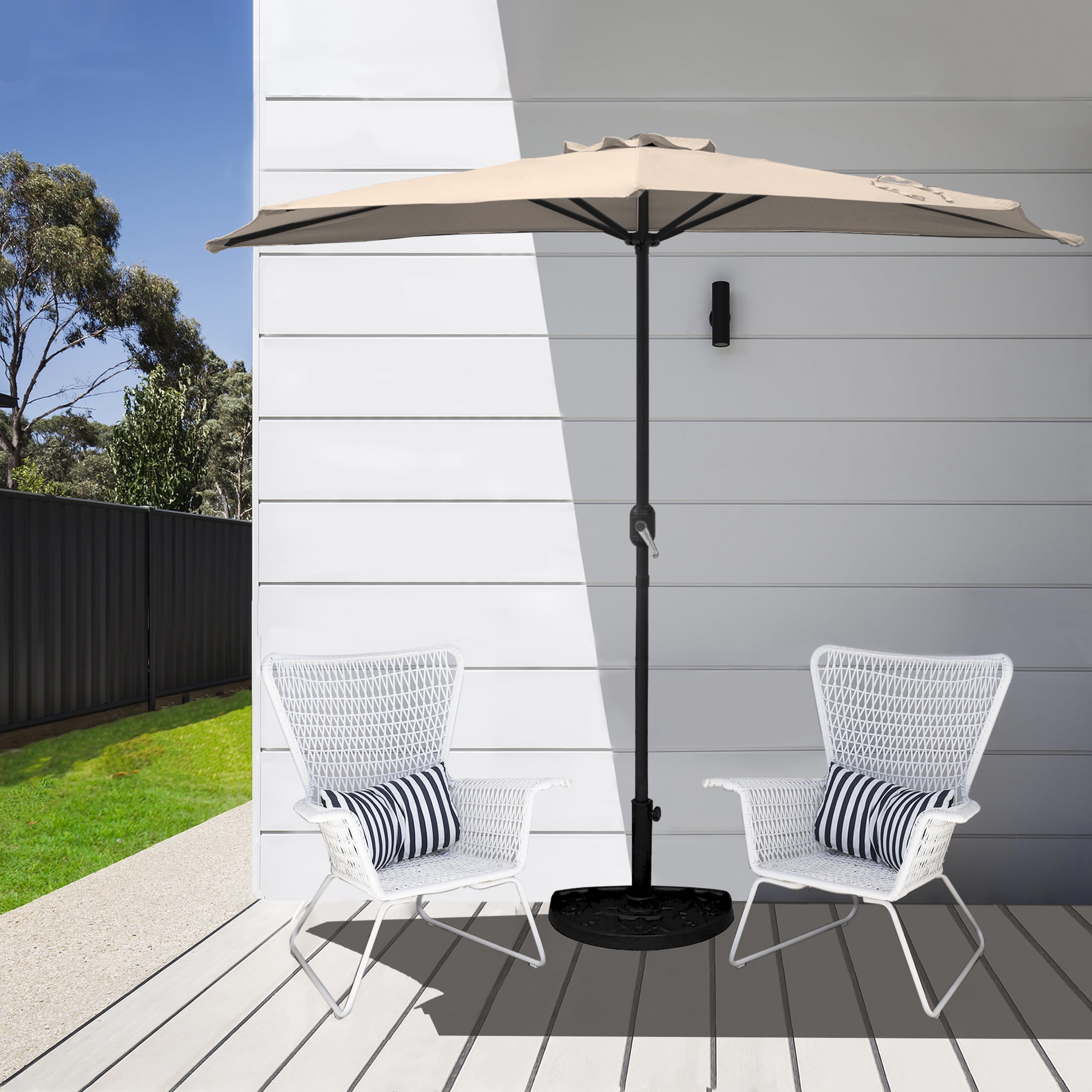 WestinTrends Lanai 9 Ft Outdoor Patio Half Umbrella with Base Include, Small Grill Deck Porch Balcony Shade Umbrella with Crank, 20 Lbs Half Round Base, Beige