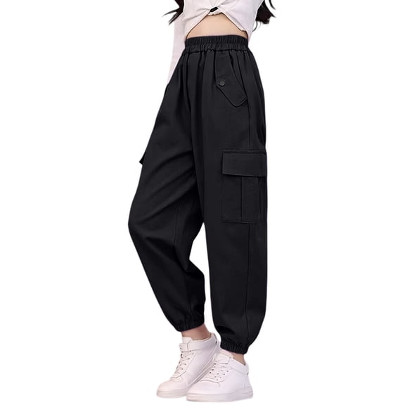 Generic Girls Cargo Trousers Sports School Workout Pants High Waist Baggy Sweatpants/Classic Black Joggers