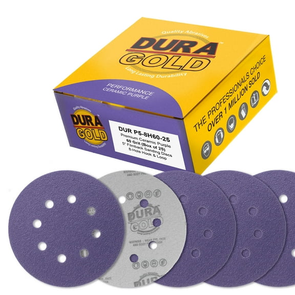 Dura-Gold Premium 60 Grit 5" Purple Film Ceramic Sanding Discs, 8-Hole Pattern, Box of 25 - Dustless Hook & Loop Backing Sandpaper for DA & Random Orbital Sanders - Sand Auto Paint, Wood, Woodworking