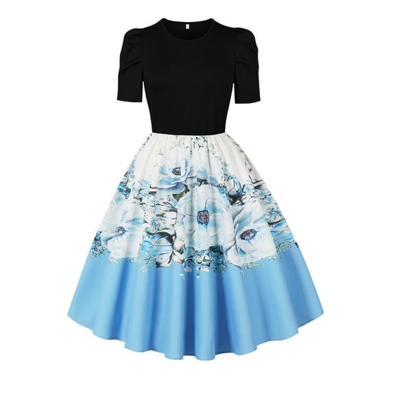 Hvot&aat 50s Style Dresses for Women Vintage Short Puff Sleeve Square Neck Swing Dress Cocktail Prom Dress