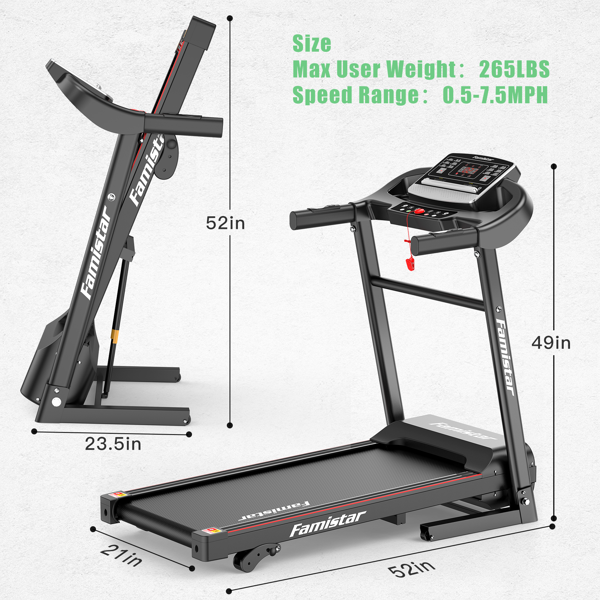 Famistar Folding Incline Treadmill for Home with Smart LCD Display, 265lbs, 12 Programs 3 Modes, MP3 Music Speaker, 2.5HP Electric Foldable Treadmill Running Machine, Knee Strap Gift - image 2 of 15