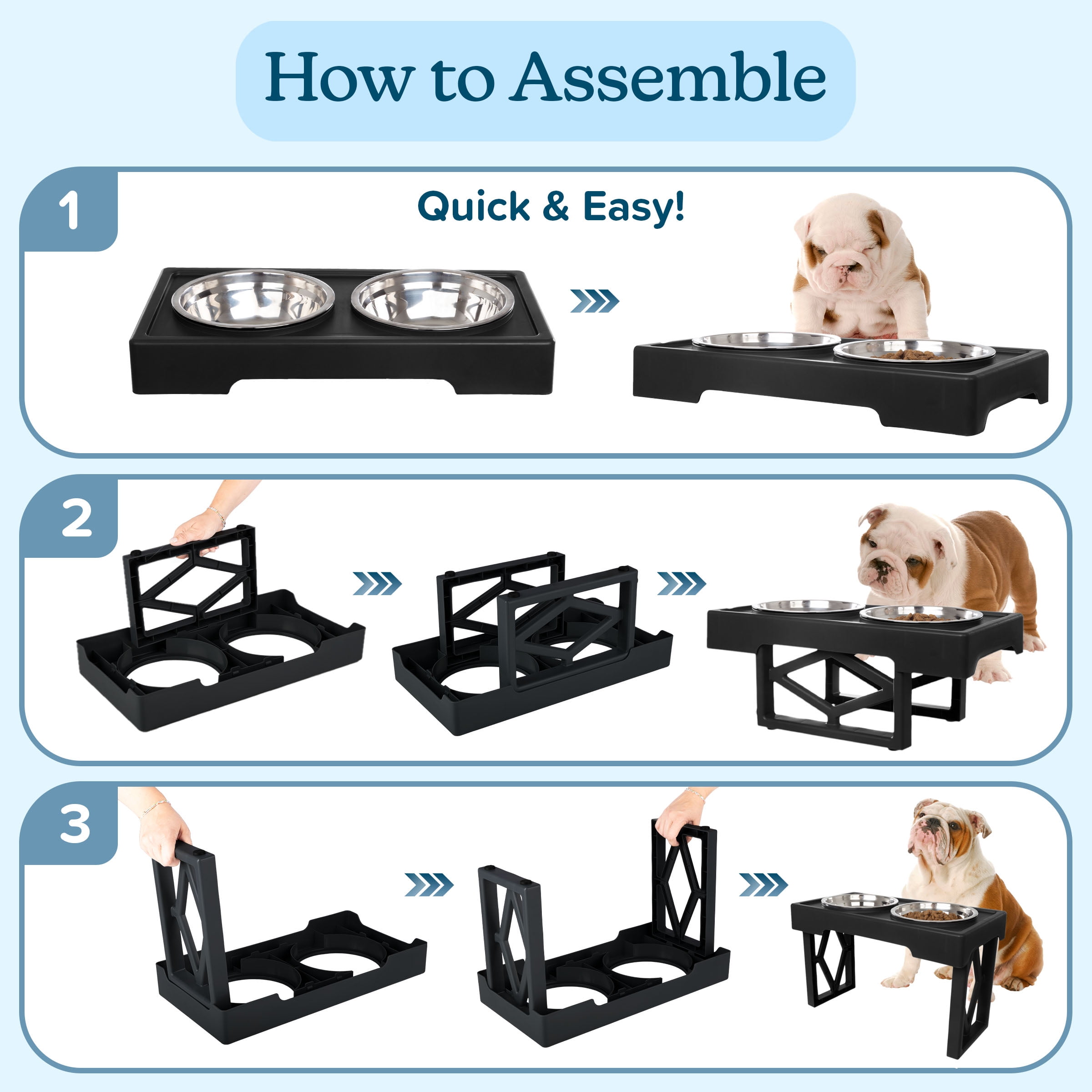 PETMAKER Elevated Dog Bowls - 3 Height Adjustable Dog Bowl Stand (Black)
