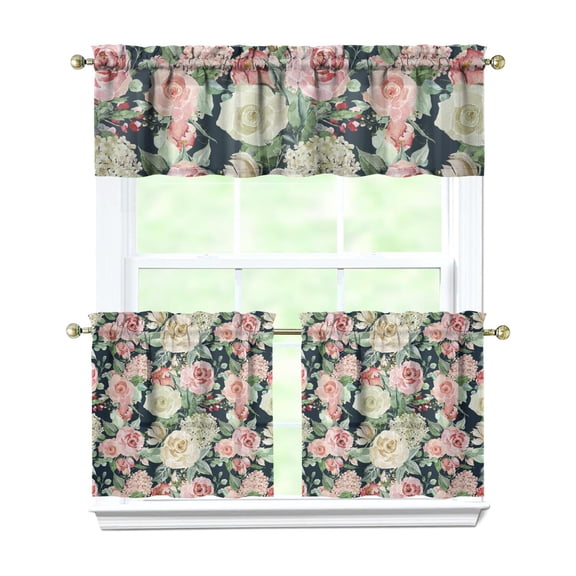 Boho Country Curtains 24 Inch - 3 Panel Rustic Farmhouse Set with Vintage Blooming Botanicals, Rod Pocket Kitchen Window Drapes