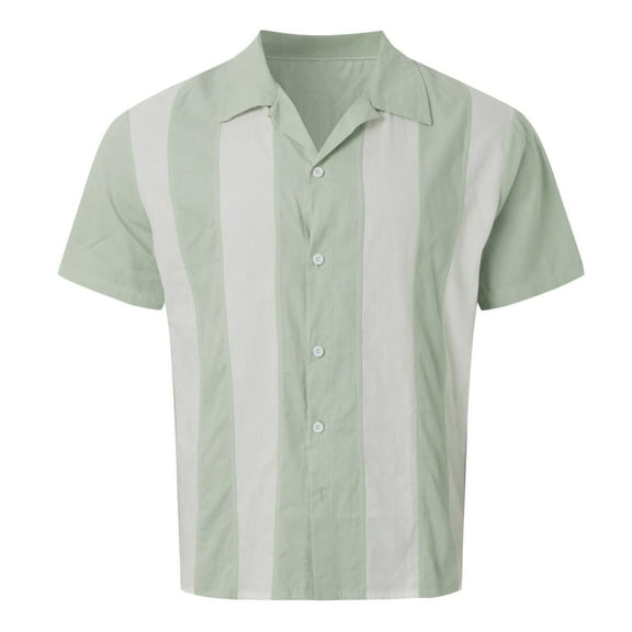 WREESH Men's Retro Striped Stitching Short Sleeve Turndown Collar Contrasting Patchwork Shirt Green