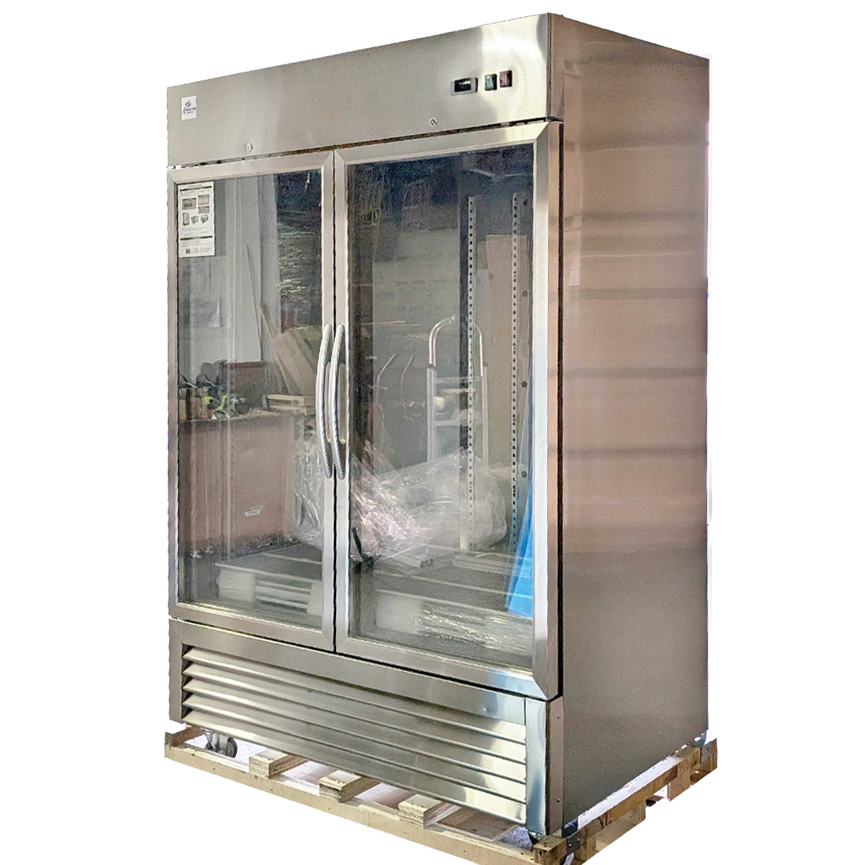 54" W Commercial Display Refrigerator 2 Glass Door Merchandiser 43 Cu.Ft.Stainless Steel Reach-in Glass Door Upright Fan Cooling Refrigerator