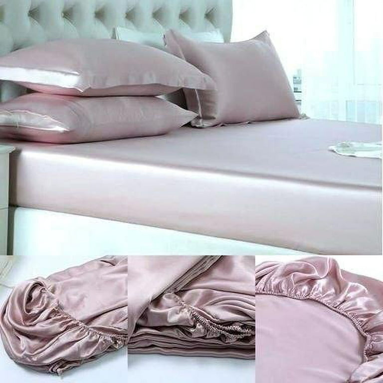  4 PCS Silk Satin Bed Sheet Set (1+ Flat + 1 Fitted + 2  Pillowcases) Full XL Size-Moss 100% Pure Natural Silky Solid Color Soft Sheets  Set for Bed Fits Up