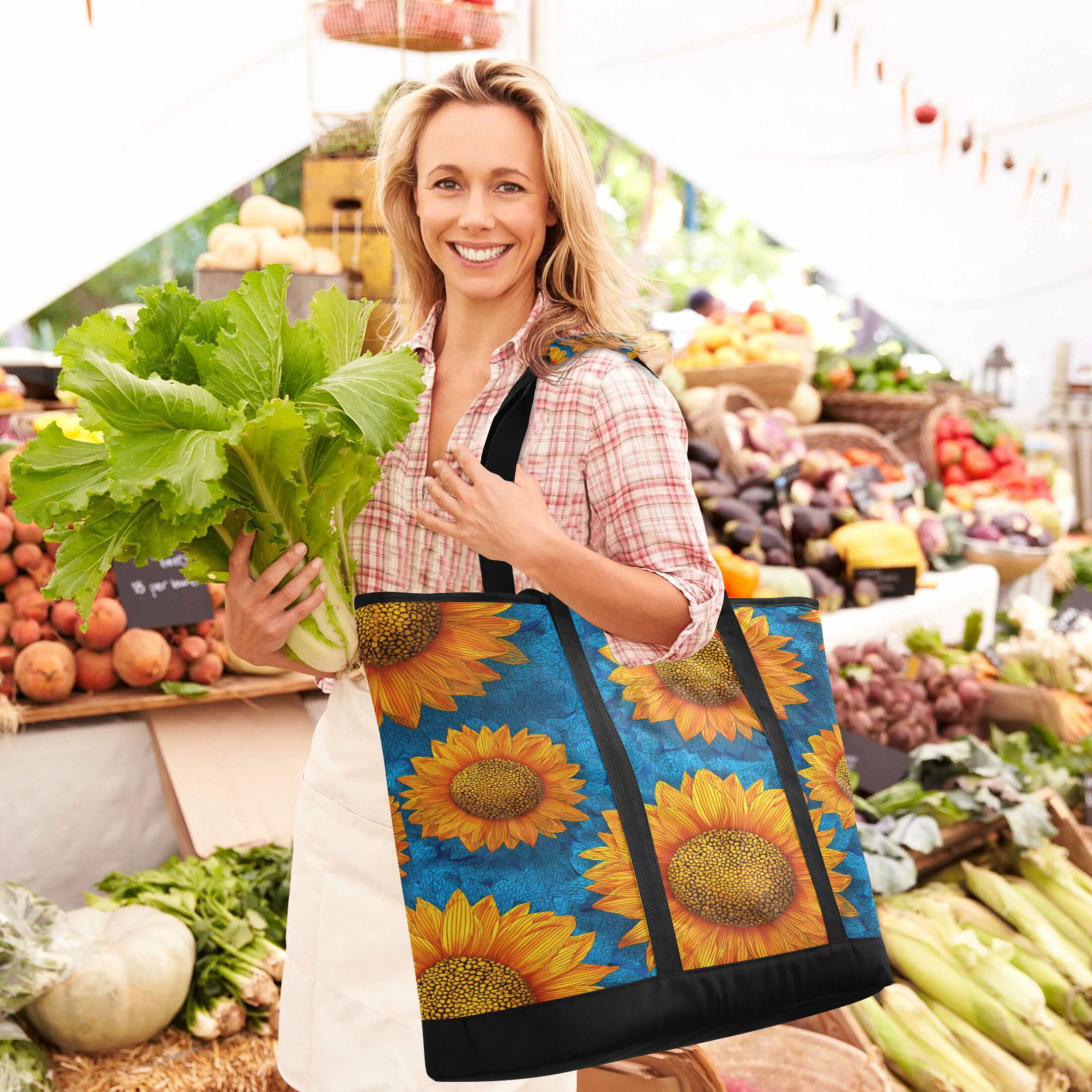 Extra-Large Wide Opening Design Capacity Hand-Held Ice Pack Thickened Insulation Layer For Long-Lasting Cold Retention For Outdoor Shopping Picnics And Camping Vibrant Digital Sunflower Painting